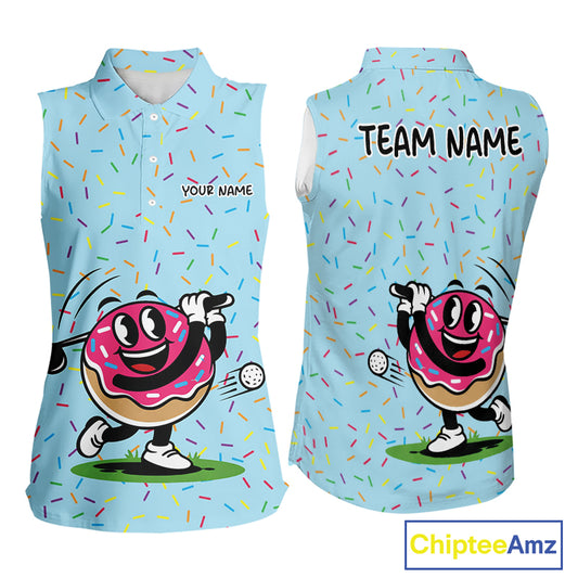 Funny Pink Donut Sleeveless Golf Polo Shirts For Womens, Golf Polo Shirts Custom Donut Pattern, Funny Golf Shirts NBT607