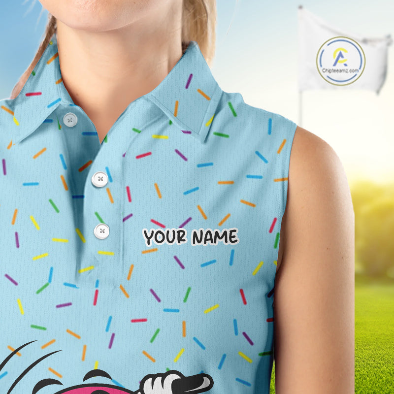 Funny Pink Donut Sleeveless Golf Polo Shirts For Womens, Golf Polo Shirts Custom Donut Pattern, Funny Golf Shirts NBT607