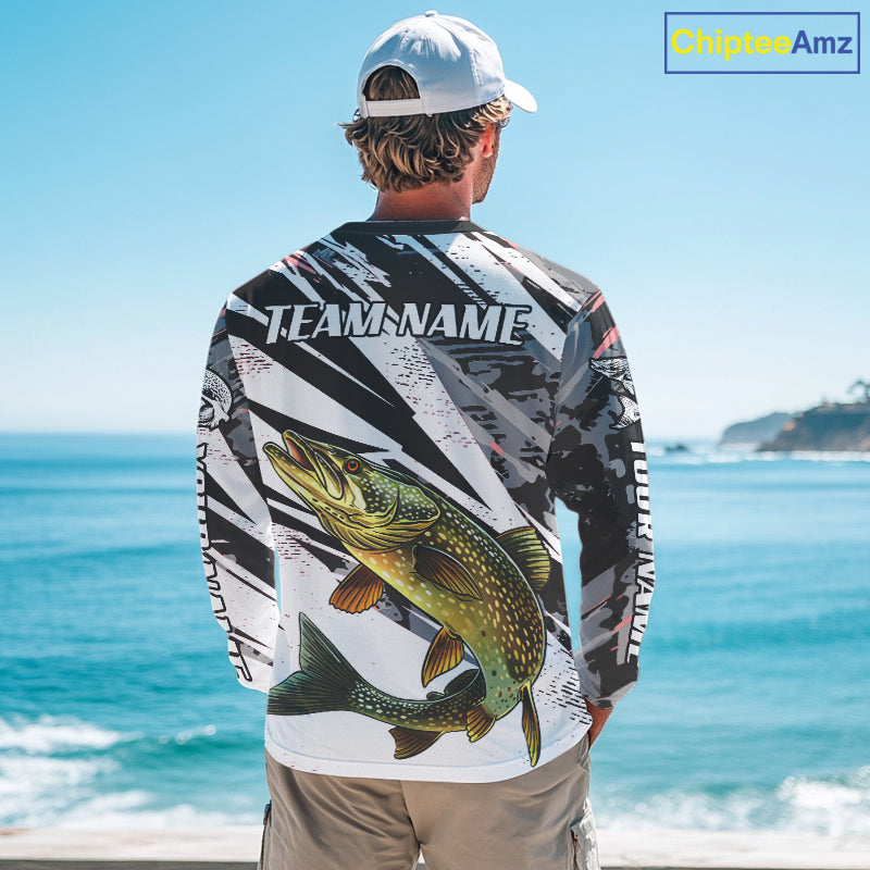 Gray Camo Pike Fishing Jerseys For Men, Custom Pike Fishing Shirts Long Sleeve NBT415