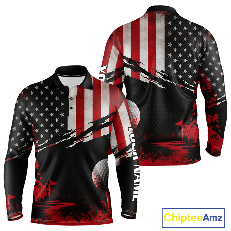 American Flag Patriotic Mens Long Sleeve Golf Polo Shirt front and back view - red white American flag design, breathable polyester fabric, short sleeve Polo tailored fit, custom name shirt