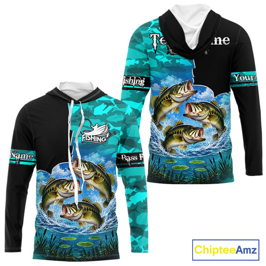 Custom Blue Camo Bass Fishing Long Sleeve Hooded Fishing Shirts, Personalized Bass Fishing Team Jerseys NBT1171