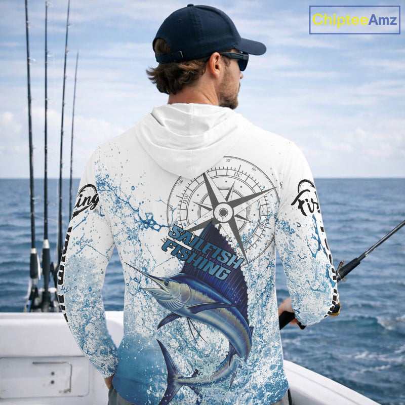 Custom Sailfish Long Sleeve Hooded Fishing Shirts Saltwater Fish, Compass Offshore Tournament Fishing Shirts NBT375
