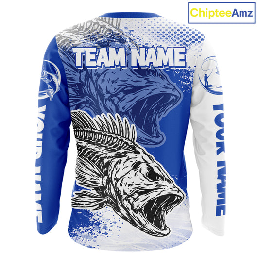 Blue Camo Bass Fishing Jerseys For Fishing Team, Bass Skeleton Fishing Shirts Long Sleeve NBT418