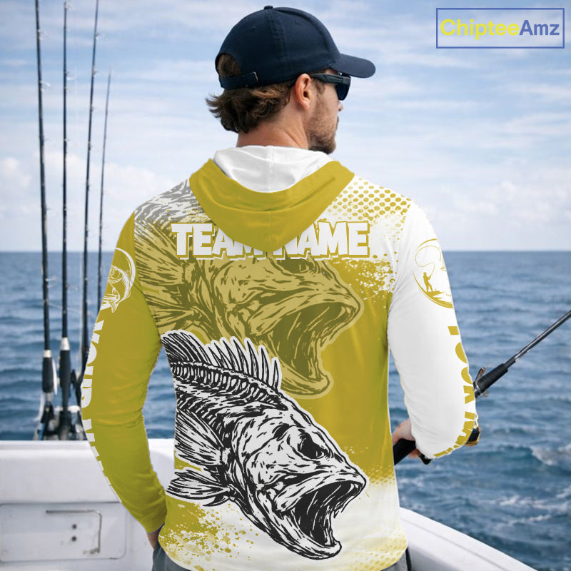 Yellow Camo Bass Fishing Jerseys For Fishing Team, Bass Skeleton Fishing Shirt Long Sleeve Hooded NBT419