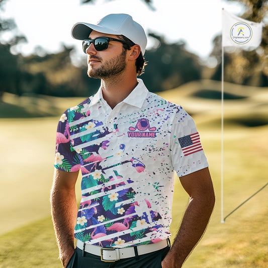 Flamingo Golf Polo Shirts For Men, Colorful Tropical Flamingo Pattern, Tropical Golf Shirt NBT477