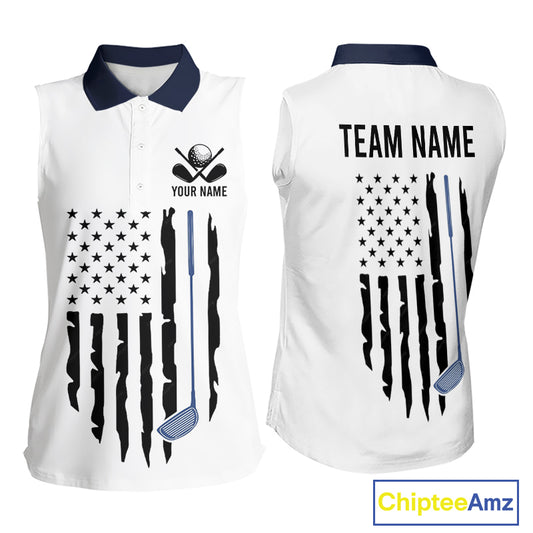 USA Flag Pattern Womens Sleeveless Golf Polo Shirt, Patriotic American Golf Shirt, 4Th Of July Golf Outfit NBT613