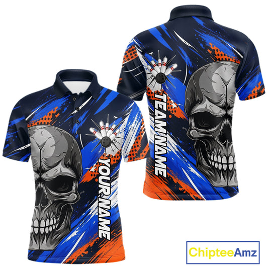 Blue And Orange Bowling Shirt Custom Skull Bowling Jersey Men Bowling Polo Quarter-Zip Shirt For Team NBT1173