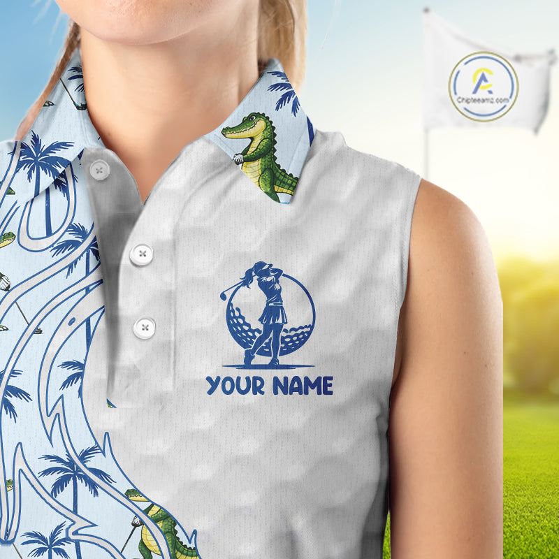 Funny Alligator Palm Tree Womens Sleeveless Golf Polo Shirt Custom Name Golf Top Funny Golf Gifts NBT496