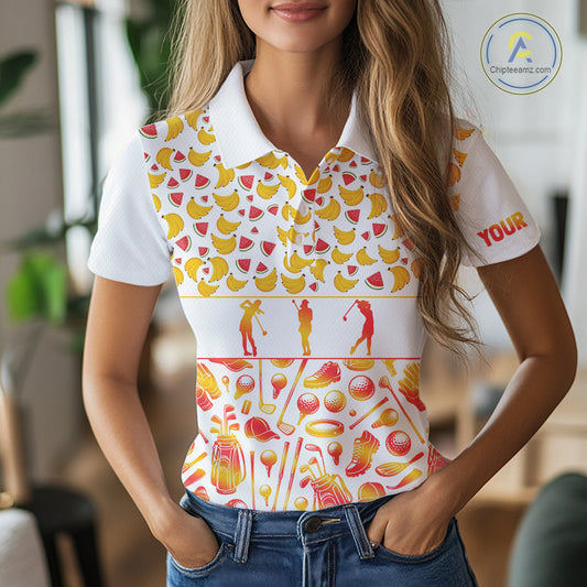 Funny Watermelon Banana Womens Golf Polo Shirts Custom Name Neon Print, Golf Shirt For Women NBT501
