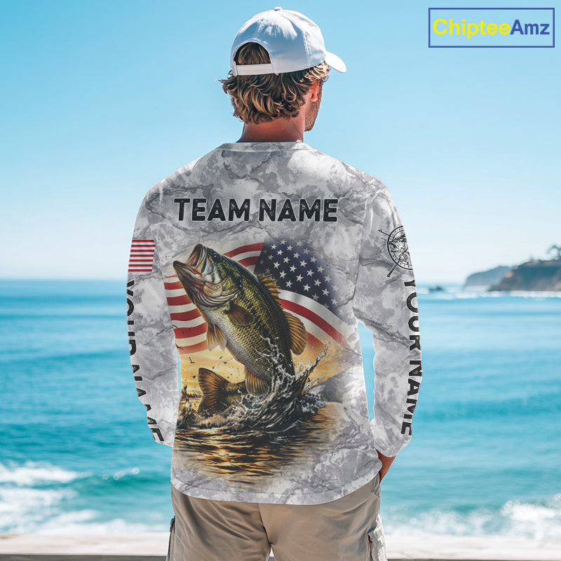 Largemouth Bass Fishing American Flag Long Sleeve Tournament Shirts, Bass Fishing League Shirt NBT1181