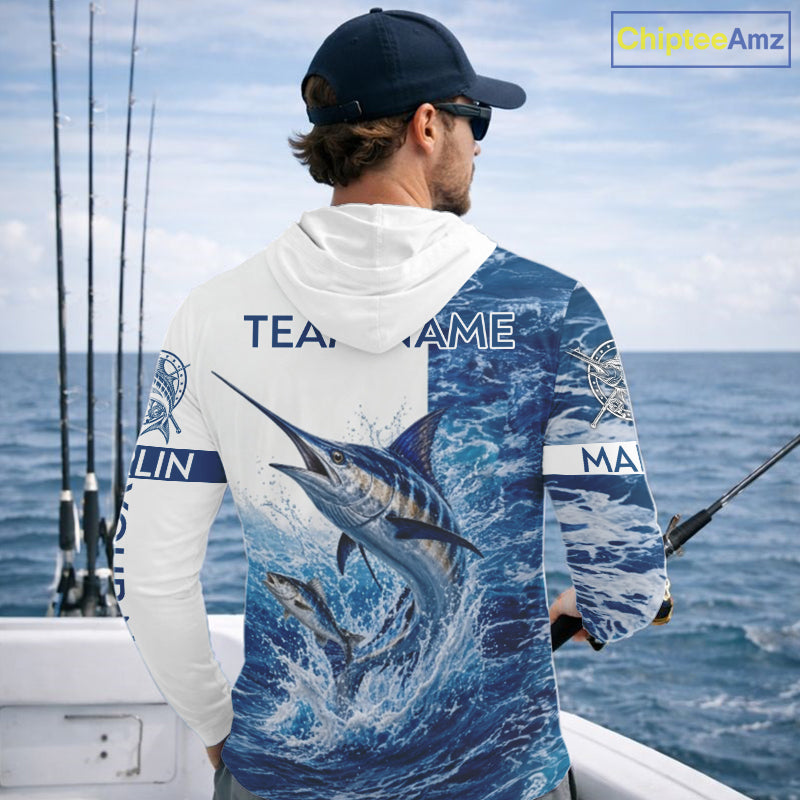 Custom Marlin Fishing Camo Fishing Shirts Long Sleeve Hooded, Personalized Marlin Fishing Team Jerseys NBT1189