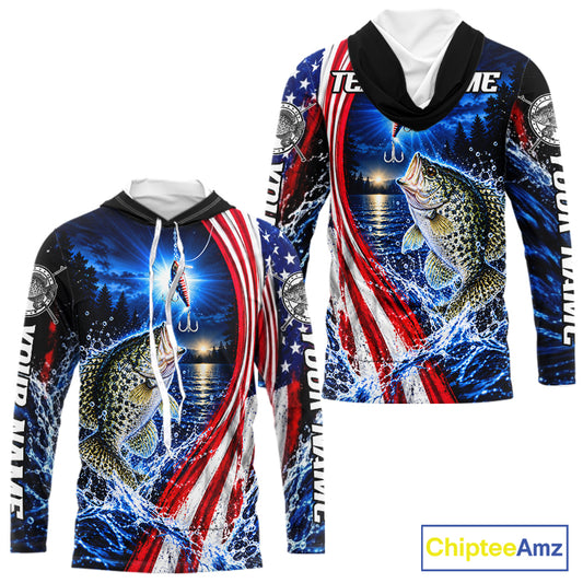 American Flag Crappie Fishing Custom Long Sleeve Hooded Fishing Shirts For Men, Tournament Crappie Fishing Jerseys NBT1219