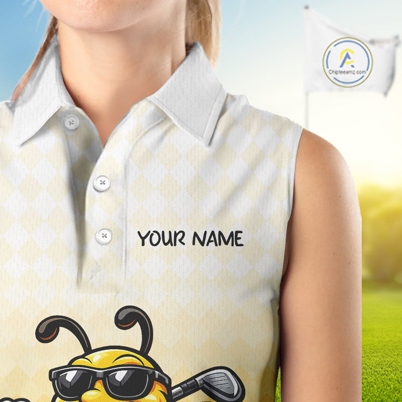 Funny Bee Sleeveless Golf Polo Shirt For Women, Cute Bee With Beer Print Shirt, Sporty Animal Golf Gift|Yellow NBT663