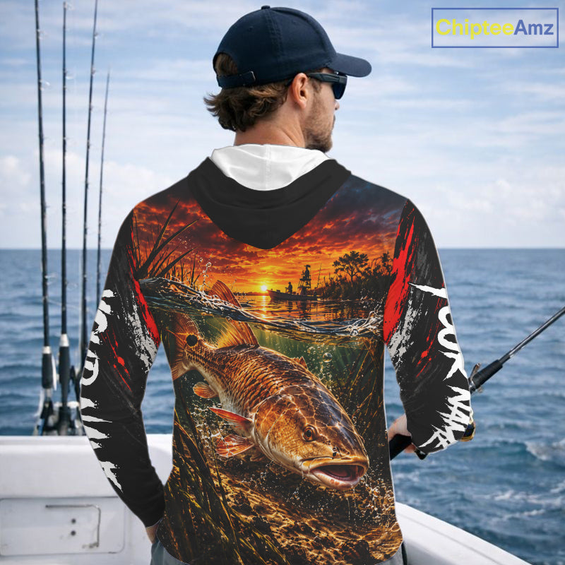 Custom Redfish Long Sleeve Hooded Tournament Fishing Shirts, Redfish Saltwater Fishing Jerseys NBT1222