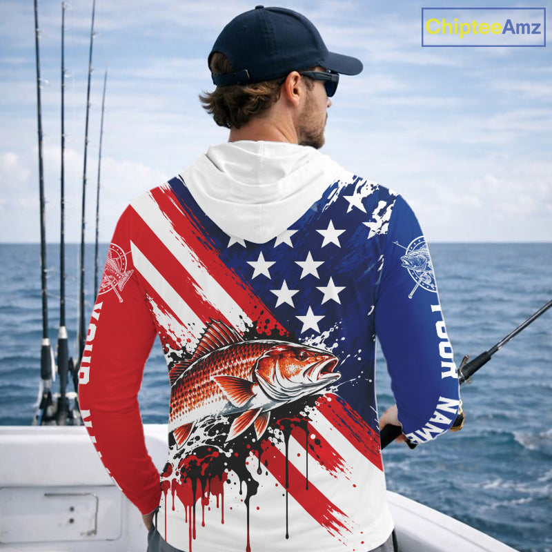 Redfish Fishing American Flag Long Sleeve Hooded Fishing Shirts, Custom Saltwater Redfish Fishing Jerseys NBT1235