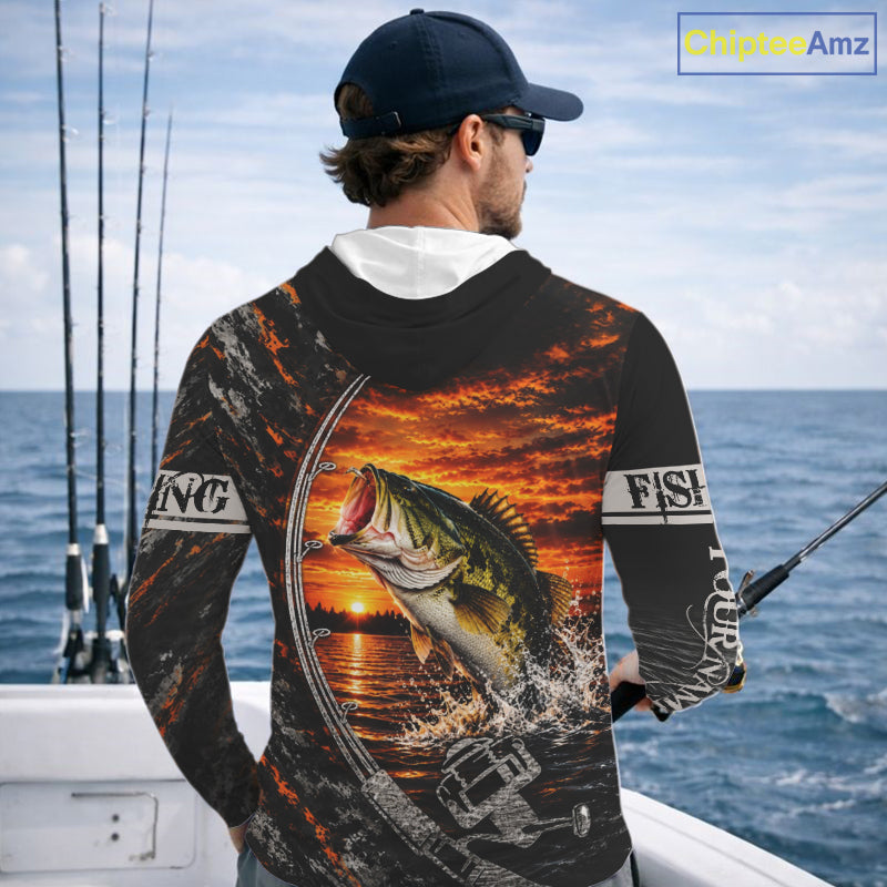 Black And Sunset Camo Custom Largemouth Bass Hooded Fishing Team Shirts, Bass Fishing Jerseys NBT1240