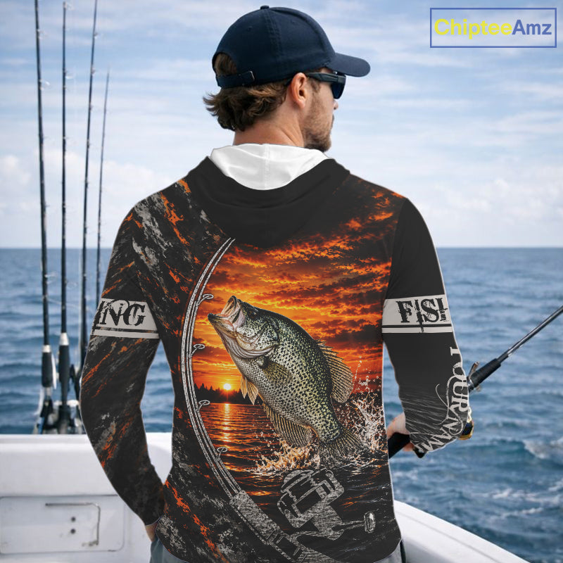 Black And Sunset Camo Custom Crappie Hooded Fishing Team Shirts, Crappie Fishing Jerseys NBT1241