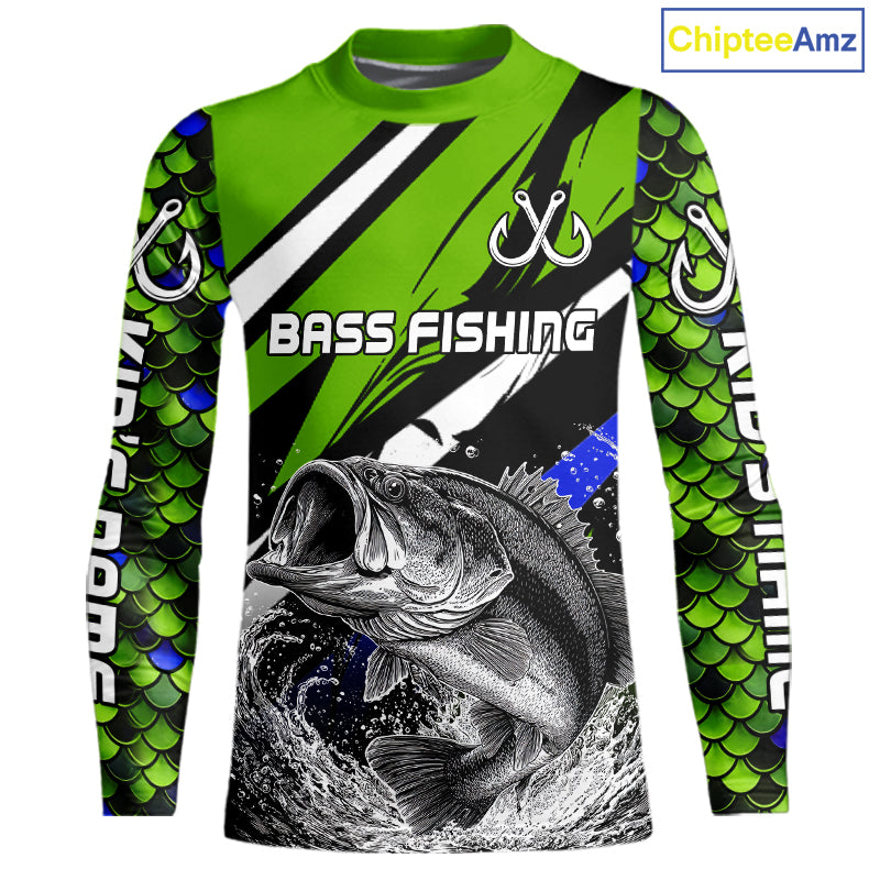 Personalized Green Fish Scale Kid Bass Fishing Jumping Jersey, Custom Performance Bass Shirt NBT346