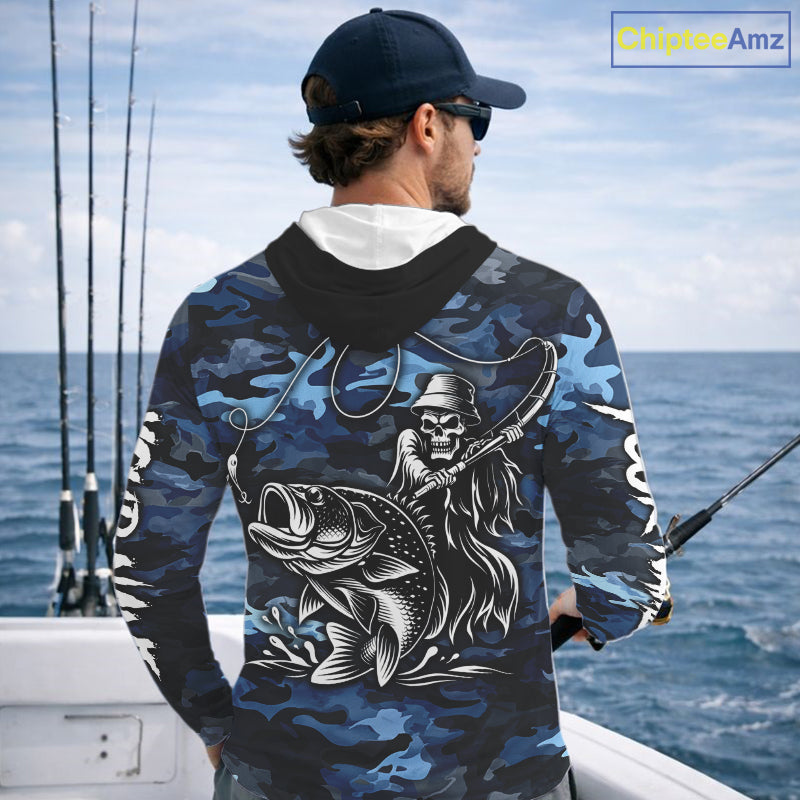 Reaper Fishing Largemouth Bass Long Sleeve Hooded Fishing Shirts Blue Camo, Camo Fishing Shirt NBT391