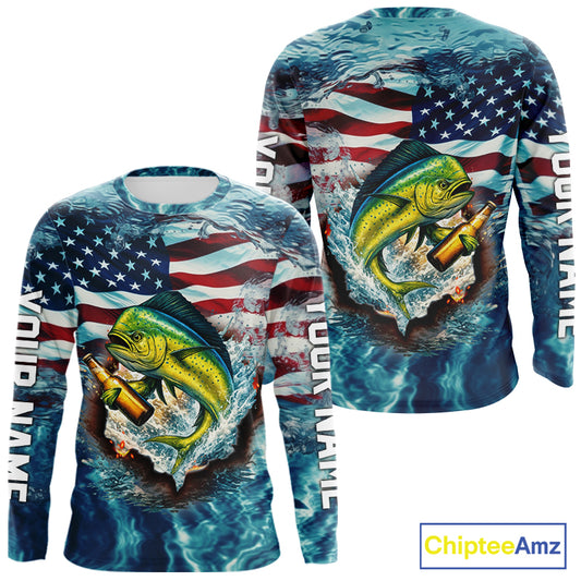 American Flag Mahi Mahi (Dorado) Fishing Custom Name Blue Water Camo Long Sleeve Fishing Shirt NBT689