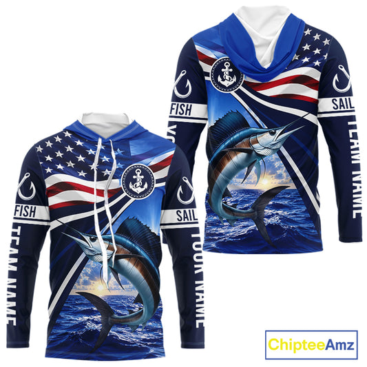 American Flag Sailfish Fishing Long Sleeve Hooded Saltwater Fishing Shirts, Custom Sailfish Fishing Jerseys NBT1026