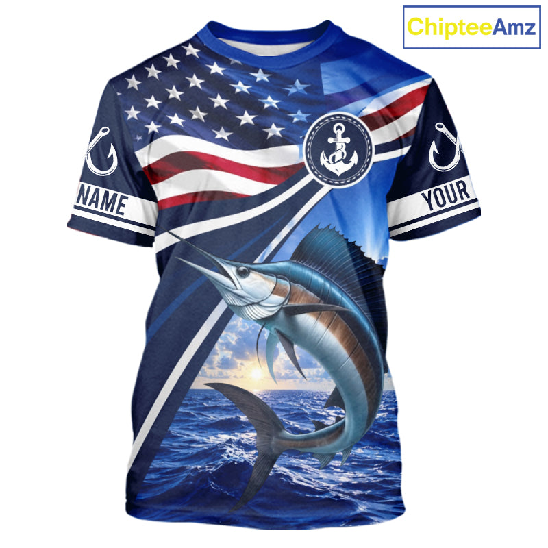 American Flag Sailfish Fishing Saltwater Fishing T-Shirts, Custom Sailfish Fishing Jerseys NBT1026