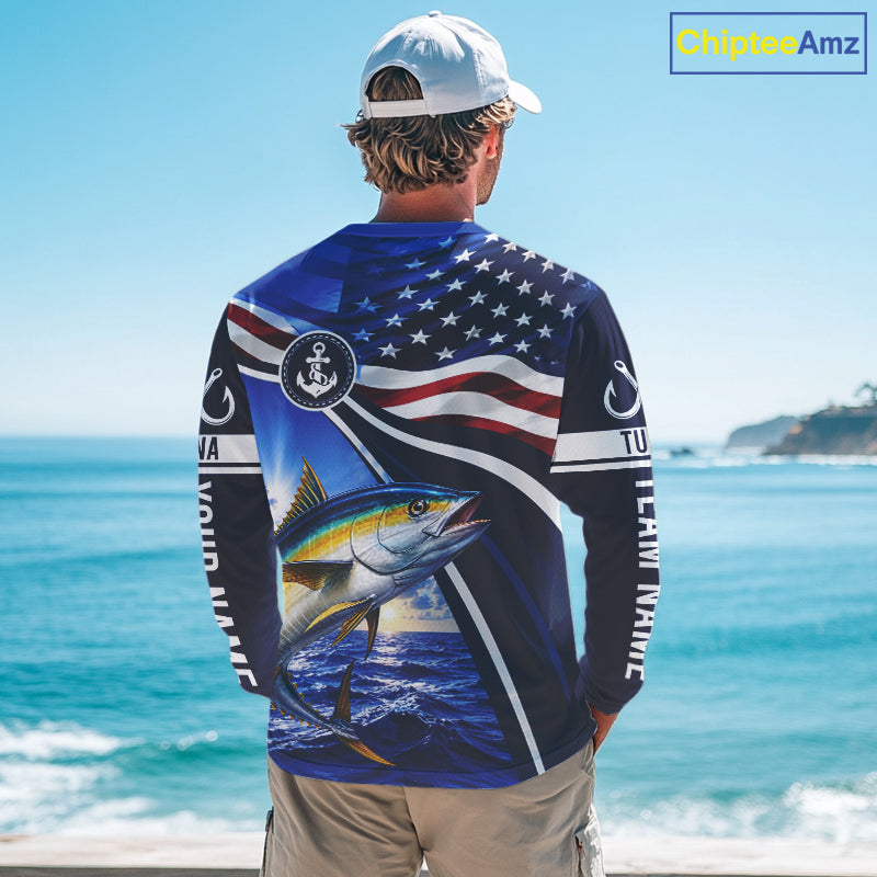 American Flag Yellowfin Tuna Fishing Long Sleeve Saltwater Fishing Shirts, Custom Tuna Fishing Jerseys NBT1027