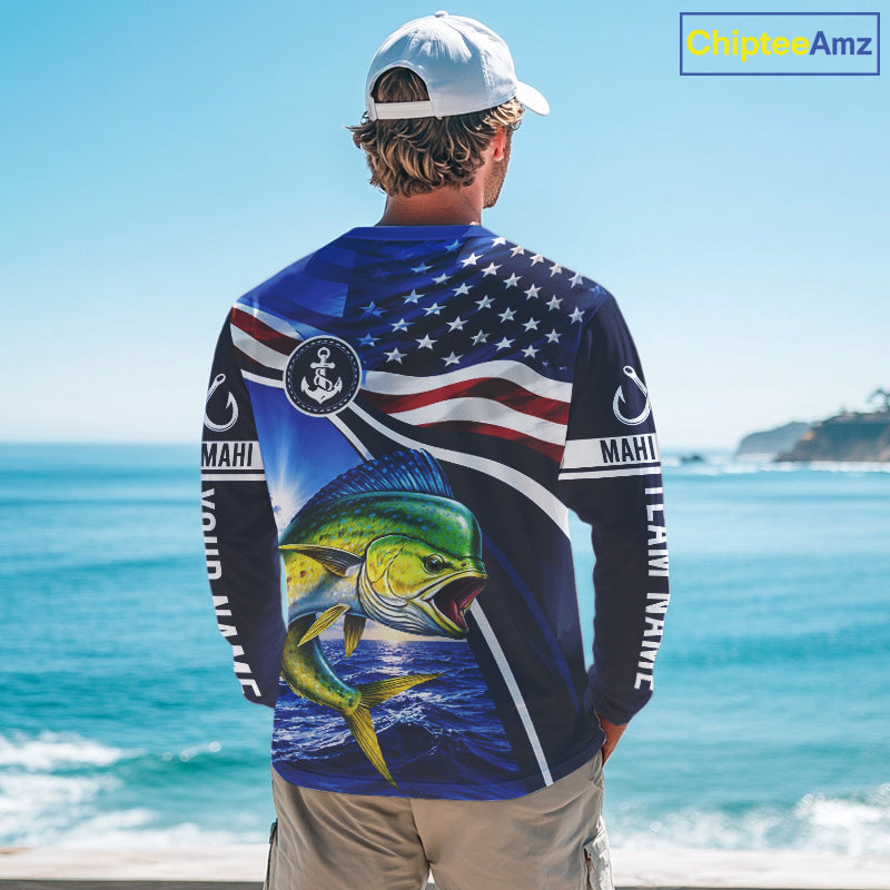 American Flag Mahi Mahi Fishing Long Sleeve Saltwater Fishing Shirts, Custom Mahi Mahi Fishing Jerseys NBT1028