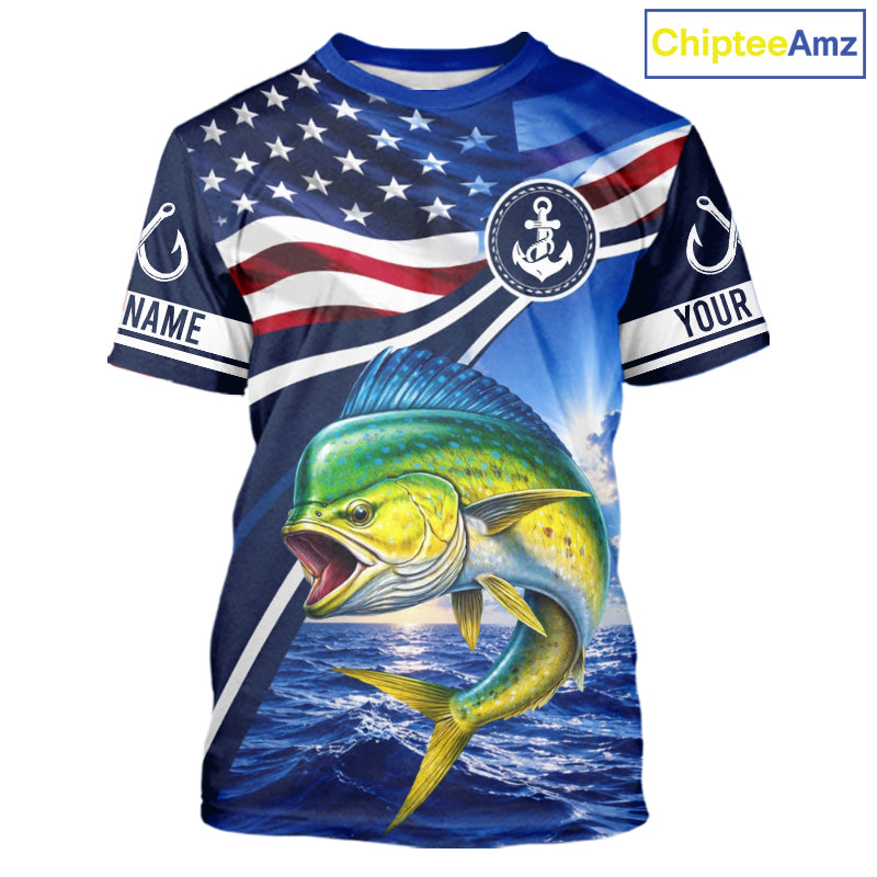American Flag Mahi Mahi Fishing Saltwater Fishing T-Shirts, Custom Mahi Mahi Fishing Jerseys NBT1028