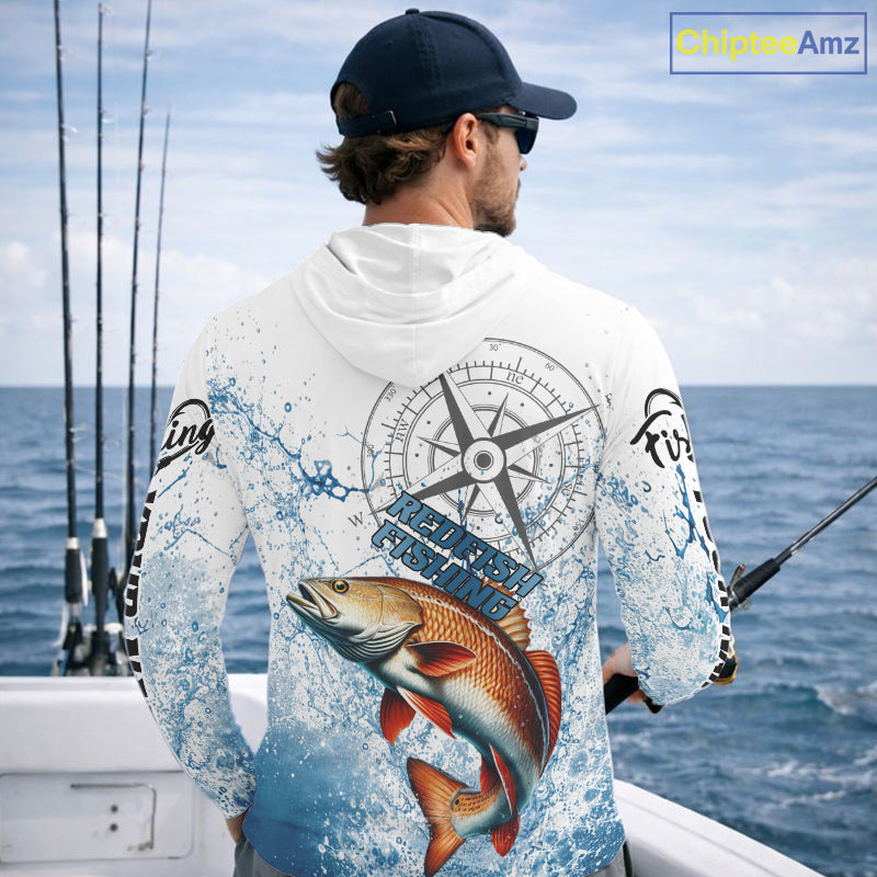 Custom Redfish Long Sleeve Hooded Fishing Shirts Saltwater Fish, Compass Offshore Tournament Fishing Shirts NBT551