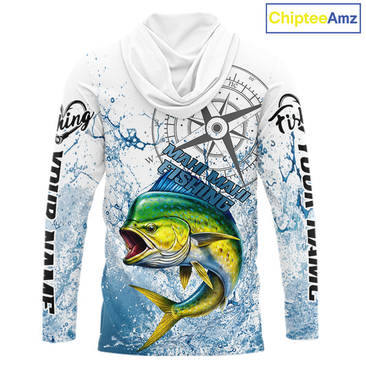 Custom Mahi Mahi Long Sleeve Hooded Fishing Shirts Saltwater Fish, Compass Offshore Tournament Fishing Shirts NBT552