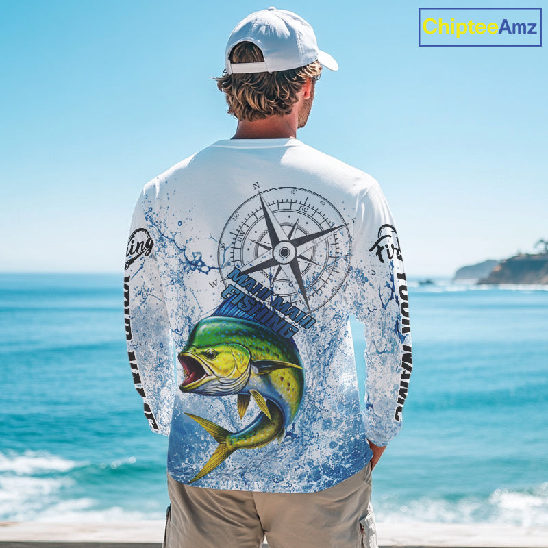 Custom Mahi Mahi Long Sleeve Fishing Shirts Saltwater Fish, Compass Offshore Tournament Fishing Shirts NBT552