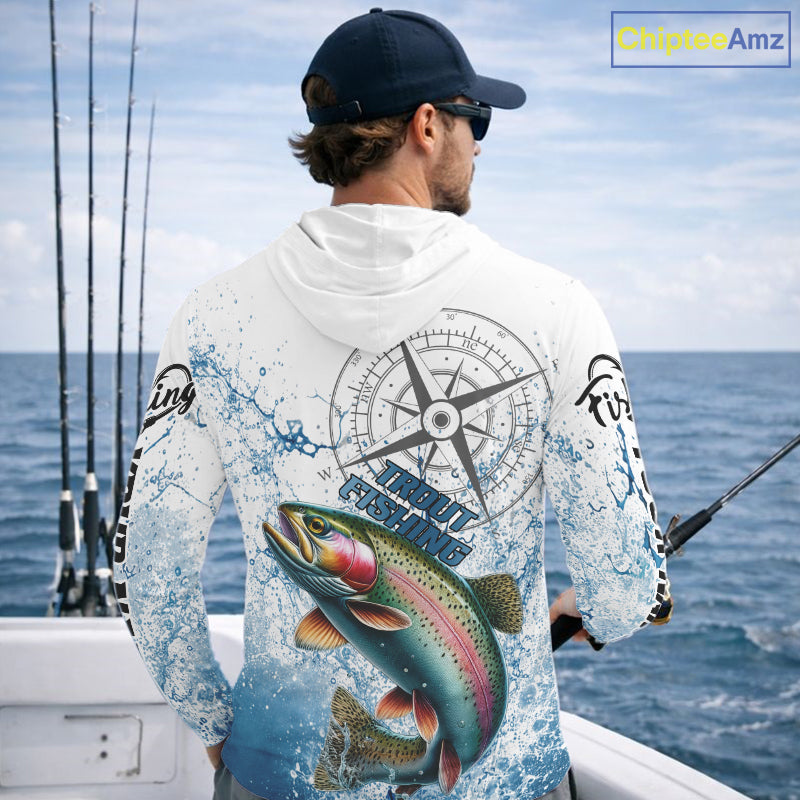 Custom Rainbow Trout Long Sleeve Hooded Fishing Shirts, Compass Tournament Fishing Shirts For Men NBT554