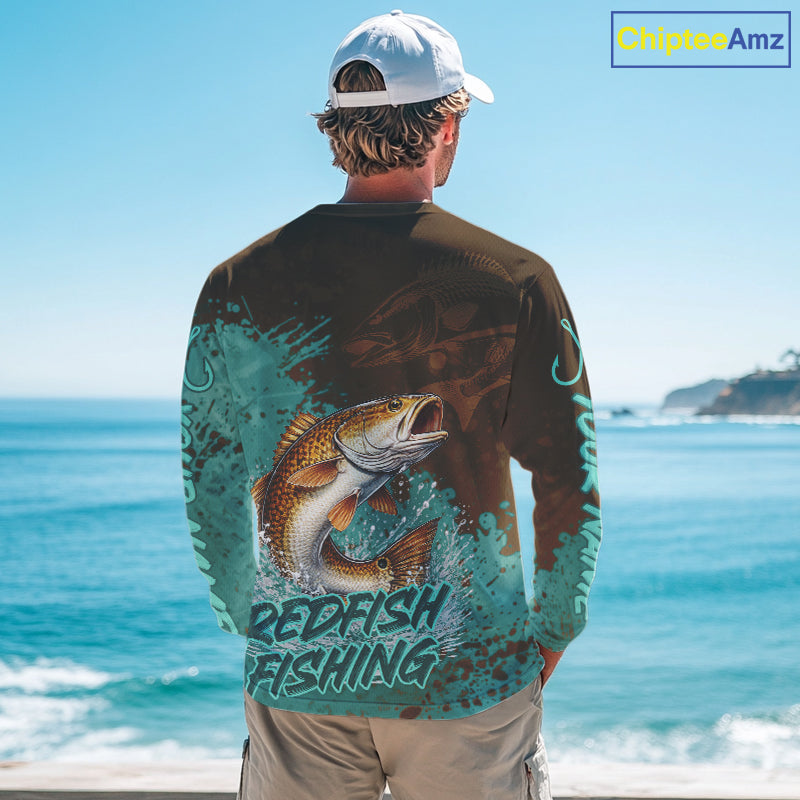 Personalized Redfish Fishing Shirts Long Sleeve Brown Turquoise Camo, Redfish Fishing Shirts For Men NBT396