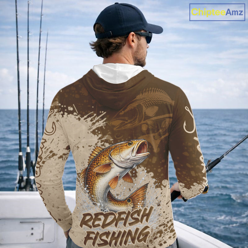 Personalized Redfish Long Sleeve Hooded Fishing Shirts Brown Camo, Redfish Fishing Shirts For Men NBT397