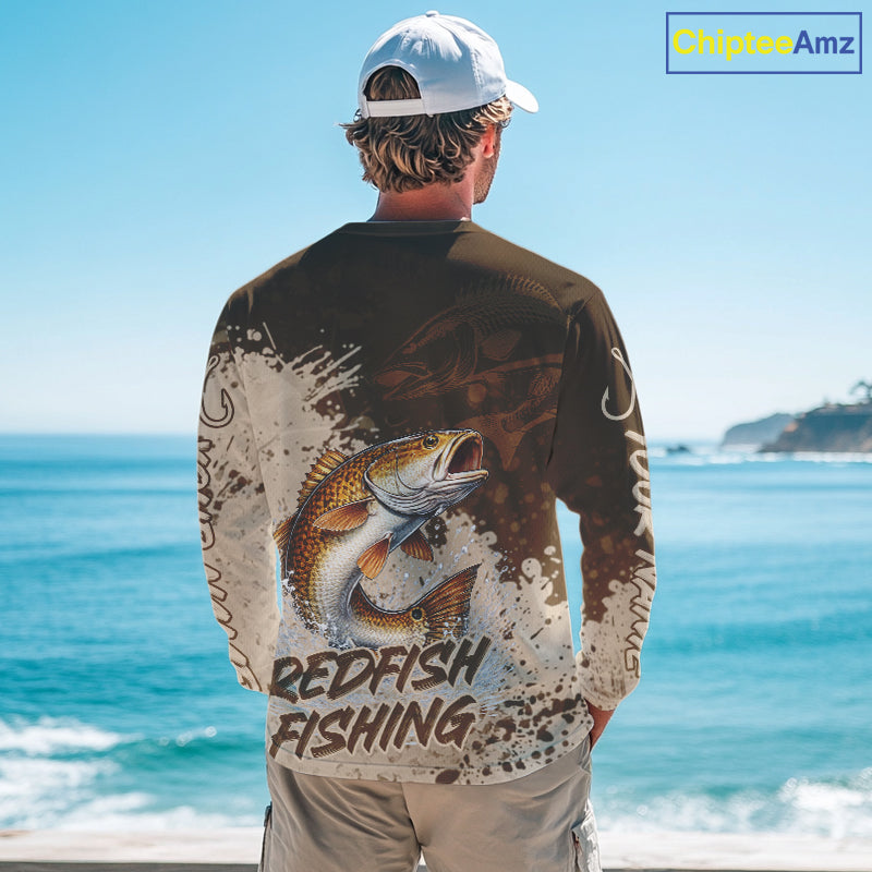 Personalized Redfish Fishing Shirts Long Sleeve Brown Camo, Redfish Fishing Shirts For Men NBT397