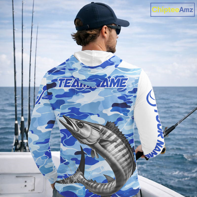 Custom Blue Camo Saltwater Wahoo Long Sleeve Hooded Fishing Shirts, Offshore Fishing Shirt NBT796