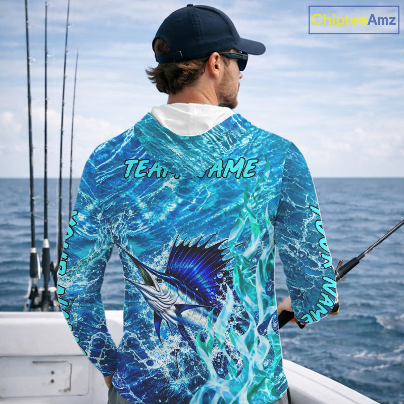 Personalized Sailfish Saltwater Blue Long Sleeve Hooded Performance Fishing Shirts, Sailfish Fishing Jersey NBT1254