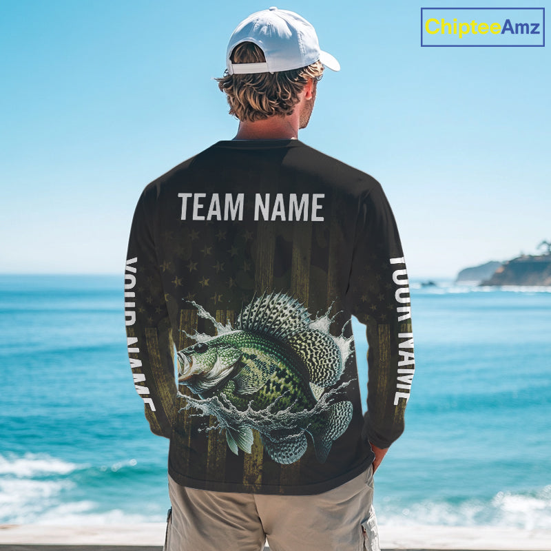 Custom American Flag Crappie Long Sleeve Fishing Shirts, Patriotic Crappie Fishing Jerseys NBT1256