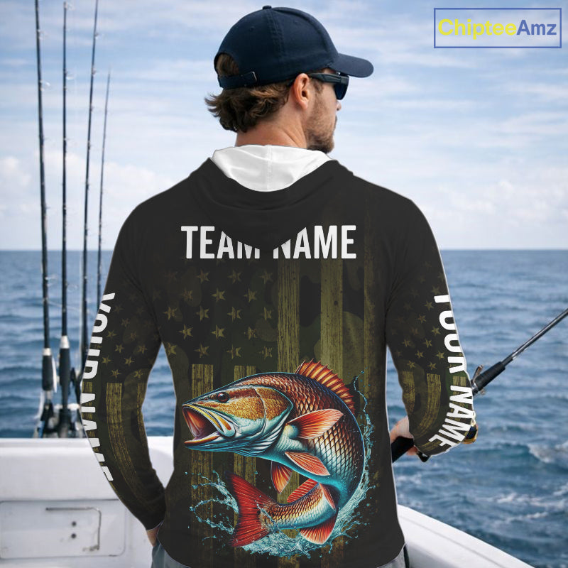 Custom American Flag Redfish Long Sleeve Hooded Fishing Shirts, Patriotic Redfish Fishing Jerseys NBT1257