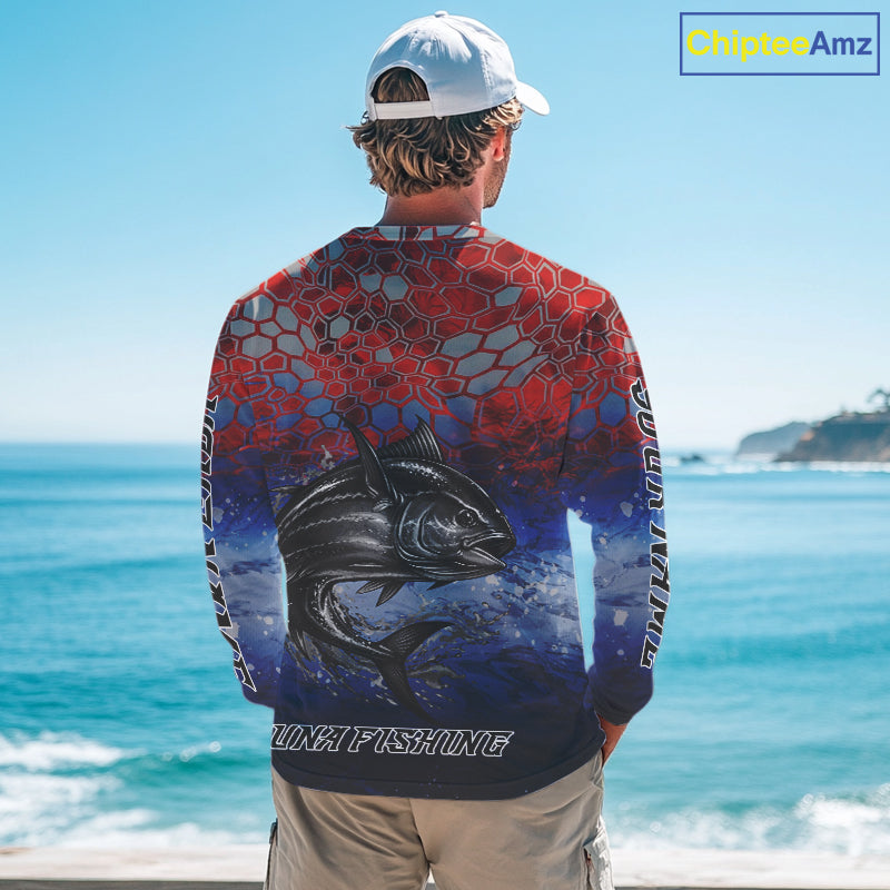 Custom Red Blue Tuna Fishing Long Sleeve Fishing Shirts, Saltwater Offshore Fishing Shirts NBT399