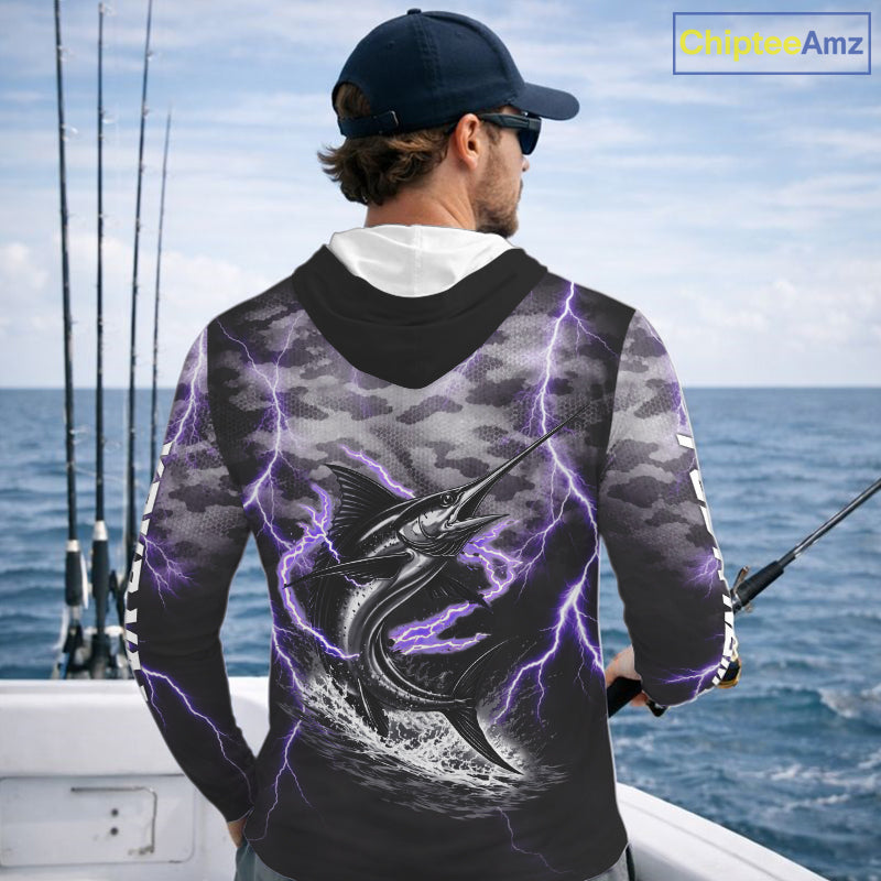 Thunder Lightning Swordfish Long Sleeve Hooded Fishing Shirts Black Camouflage, Saltwater Fishing Shirts NBT401
