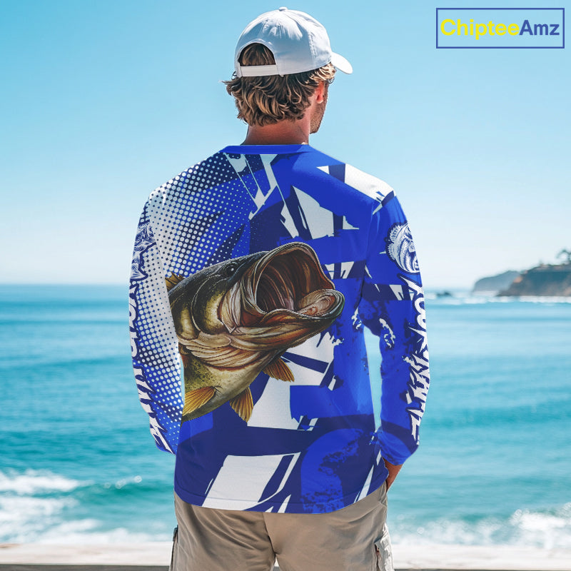 Blue Camo Largemouth Bass Fishing Shirts Long Sleeve, Bass Fishing Shirts For Men NBT442