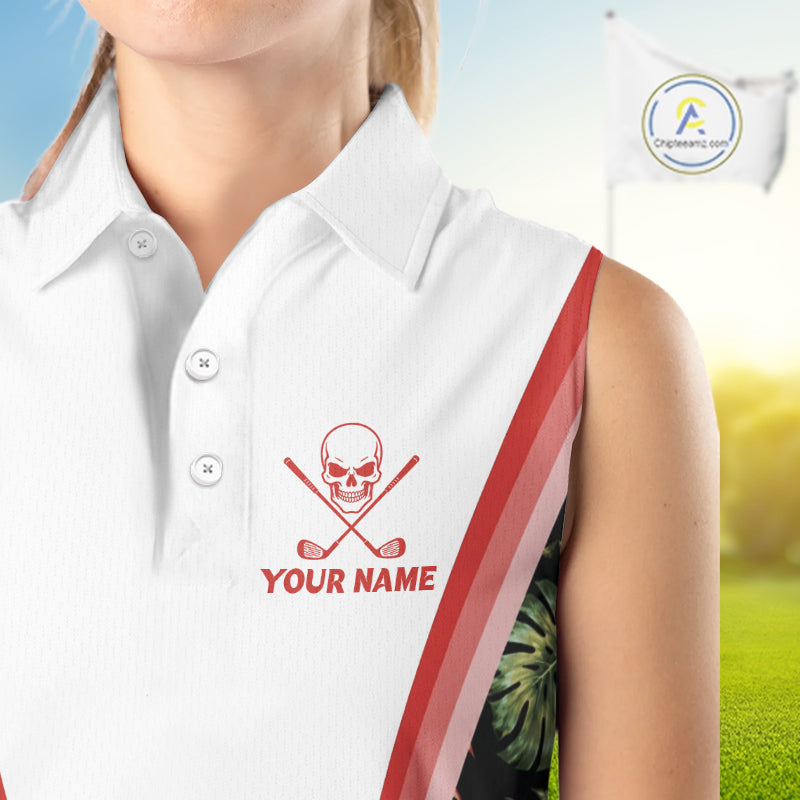 Custom Womens Sleeveless Golf Polo Shirts Funny Tropical Leaf Cross Skull Golf Clubs White Golf Shirt|Red NBT704