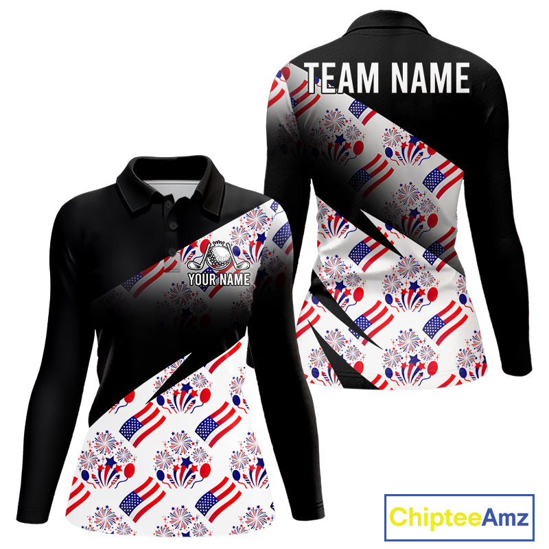 Front and back view of America 250th Anniversary womens long sleeve golf polo shirt with patriotic USA flag design