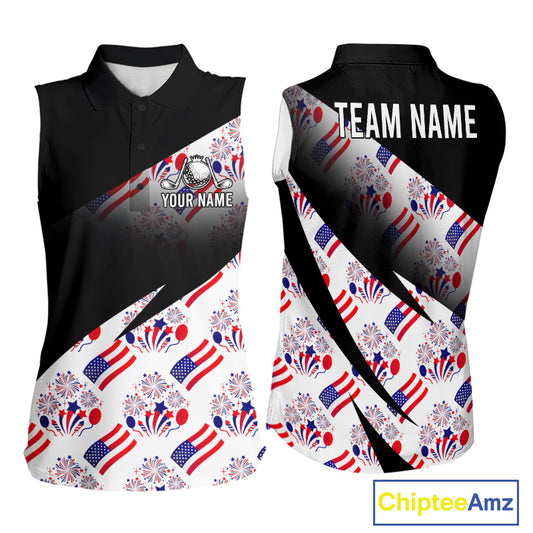 Front and back view of America 250th Anniversary womens sleeveless golf polo shirt with patriotic USA flag design with personalized name