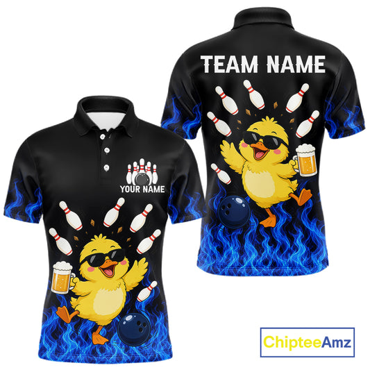 Blue Flame Funny Duck Bowling Team Shirt Customized Bowling Polo & 1/4 Zip Gift For Men NBT1129