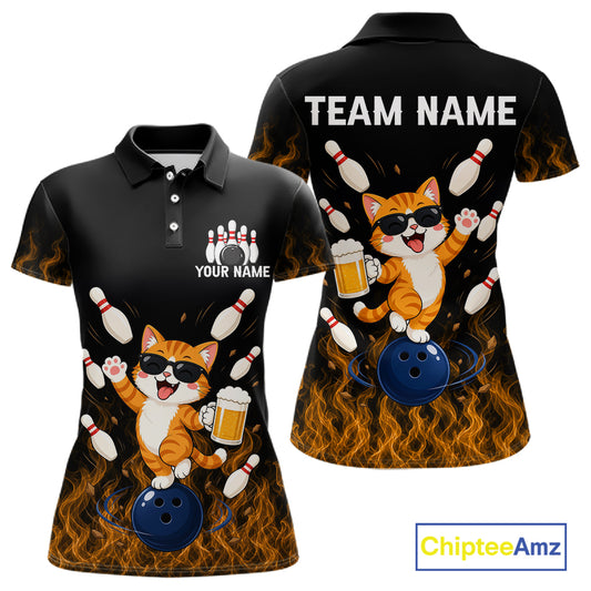 Orange Flame Funny Cat Bowling Team Shirt Customized Bowling Polo & 1/4 Zip Gift For Women NBT1131