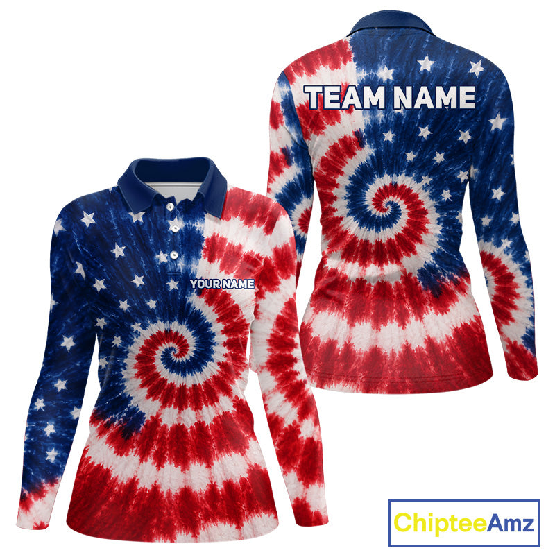 Front and back view of American flag tie dye womens long sleeve golf polo shirt