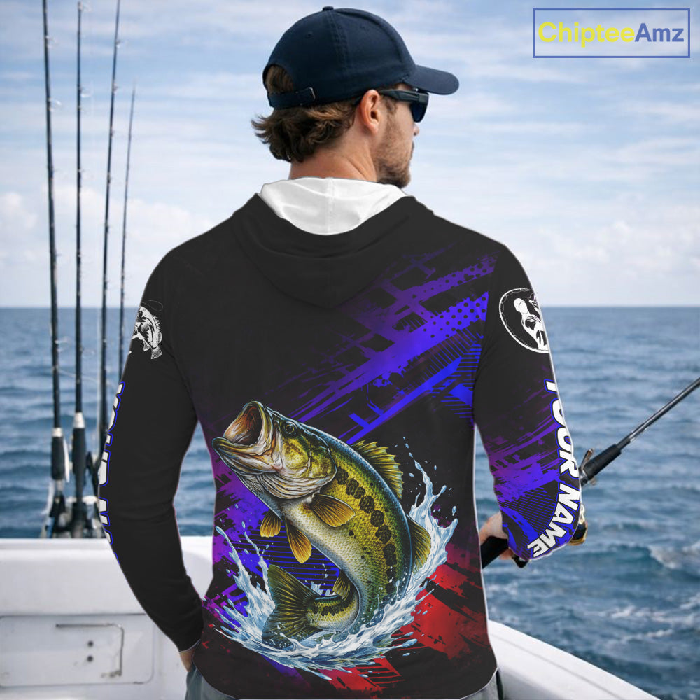 Bass Fishing Long Sleeve Hooded Purple Camo UPF Fishing Shirts, Bass Fishing Tournament Shirts NBT464